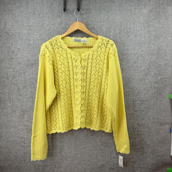 Gallagher Sweaters - Vintage Gallagher Cardigan Womens XL Yellow Pearl Button Cotton Cottagecore
